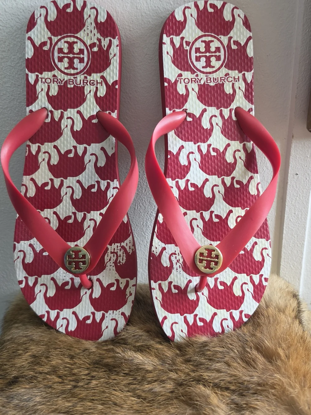 Tory Burch Red  Logo Flip Flops Size 8